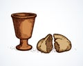 Vector symbols of Communion. Broken bread and wine in bowl