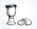 Vector symbols of Communion. Broken bread and wine in bowl