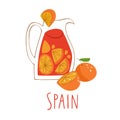 Vector Spanish drink Sangria with oranges in a glass