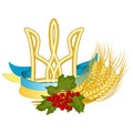 Vector symbols of Ukraine: Tryzub Trident is the coat of arms of Ukraine, National flag, Kalyna viburnum and wheat. Colorful