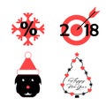 Vector Symbols of the Upcoming 2018 Year of the Dog: Snowflake, Target, Dog, Decorated Christmas Tree. Vector Christmas Royalty Free Stock Photo