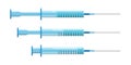 Vector syringe with blue liquid inside. Three injectors in flat style on white background. Vaccine covid-19 injection