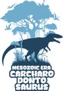 vector t-shirt design with carcharodontosaurus in jungle. Royalty Free Stock Photo