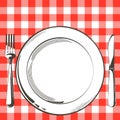 Vector Table decorating setting. Festive cutlery set: fork, knife, empty plate on tablecloth. Menu. Top view. Color Royalty Free Stock Photo