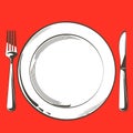Vector Table decorating setting. Festive cutlery set: fork, knife, empty plate on tablecloth. Menu. Top view. Color Royalty Free Stock Photo