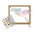 Vector tablet with paper, brushes, watercolor paint. Painter equipment.