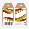 Vector tags design on both sides, cardboard sale labels with barcode. Abstract background, colored waves Royalty Free Stock Photo