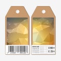 Vector tags design on both sides, cardboard sale labels with barcode. Abstract geometric colorful triangle background. Royalty Free Stock Photo