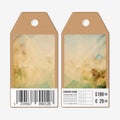 Vector tags design on both sides, cardboard sale labels with barcode. Abstract wooden polygonal background