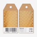 Vector tags design on both sides, cardboard sale labels with barcode. Abstract wooden polygonal background