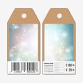 Vector tags design on both sides, cardboard sale labels with barcode. Blue abstract winter background