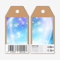 Vector tags design on both sides, cardboard sale labels with barcode. Blue abstract winter background