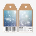 Vector tags design on both sides, cardboard sale labels with barcode. Blue abstract winter background