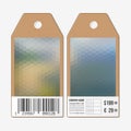 Vector tags design on both sides, cardboard sale labels with barcode. Blurred background. Polygonal design, geometric Royalty Free Stock Photo