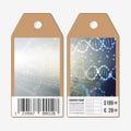 Vector tags design on both sides, cardboard sale labels with barcode. DNA molecule structure against a blue background Royalty Free Stock Photo