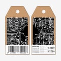 Vector tags design on both sides, cardboard sale labels with barcode. Microchip background, electronic circuit Royalty Free Stock Photo