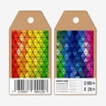 Vector tags design on both sides, cardboard sale labels with barcode. Polygonal design, colorful geometric triangular Royalty Free Stock Photo
