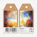 Vector tags design on both sides, cardboard sale labels with barcode. Polygonal design, colorful geometric triangular Royalty Free Stock Photo