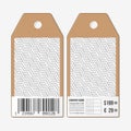 Vector tags design on both sides, cardboard sale labels with barcode. Recurring cubes. Geometric pattern. Royalty Free Stock Photo