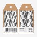 Vector tags design on both sides, cardboard sale labels with barcode. Recurring cubes. Geometric pattern. Simple Royalty Free Stock Photo