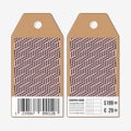 Vector tags design on both sides, cardboard sale labels with barcode. Recurring cubes. Geometric pattern. Simple Royalty Free Stock Photo