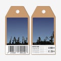 Vector tags design on both sides, cardboard sale labels with barcode. Shipyard and city landscape