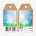 Vector tags design on both sides, cardboard sale labels with barcode. Spring background, blue sky and green grass Royalty Free Stock Photo