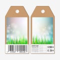 Vector tags design on both sides, cardboard sale labels with barcode. Spring background, blue sky and green grass Royalty Free Stock Photo