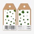 Vector tags design on both sides, cardboard sale labels with barcode. St Patricks day background, green clovers Royalty Free Stock Photo