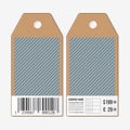 Vector tags design on both sides, cardboard sale labels with barcode. Vintage design, lines vector background Royalty Free Stock Photo