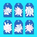 Vector tags or labels set with hand drawn dairy elements on milk splashes background