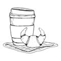 Vector take out coffee cup with croissant on napkin black and white line vector illustration for breakfast coffee break Royalty Free Stock Photo