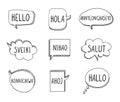 Vector Talk Bubbles with Hello on Languages: English, Spanish, Korean, Lithuanian, Chinese, French, Japanese, Czech, German.