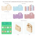 Vector tall and flat gift cardboard packaging with handle templates set