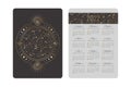 Vector tarot pocket year 2022 celestial calendar with shining ornate golden zodiac circle, stars and moon phases on a cover