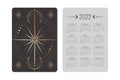 Vector tarot pocket year 2022 calendar with magical shining golden linear star, crescents and moon phases. Two-sided card template