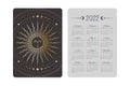 Vector tarot pocket year 2022 calendar with magical shining golden linear sun with a sleeping face and concentric circles