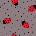 Vector taupe seamless pattern background with ladybugs. Dotted On Dots Gray. Royalty Free Stock Photo