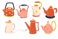 Vector tea collection of vintage tableware. Kitchen elements. Vector set of different teapots, vintage, electric, retro. Hand