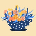 Vector Tea Cup with Spring Flowers. Creative fresh hand painted sketch floral card in blue and orange colors.