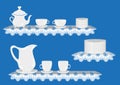 Vector. Tea set with teapot, cups, mug, plates on lace tablecloth