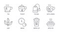 Vector tea shop icons. Editable stroke. Tea bag teapot paper cup. Drink with lemon, apple pie break leaves. Stock line