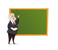 Vector teacher character at the chalkboard isolated vector illustration. The Professor gives a lecture near the blackboard with a