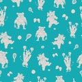Vector teal cute and fun sporty silhouettes of anthromorphic cartoon characters seamless pattern background