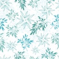 Vector teal tropical leaves summer seamless pattern with tropical green, blue plants and leaves on white background