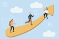 Vector teamwork concept. Little business people together trying to climb up stairway by chart. Royalty Free Stock Photo