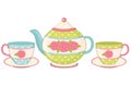 Vector Tea Pot with Tea Cups and Saucers