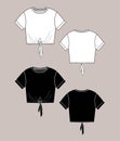 Vector technical sketch of crop top t shirt with knot black and white colors set . Front and back parts