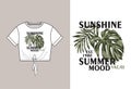 Vector technical sketch of crop top t shirt with knot and print with monstera and palm leaves with slogan