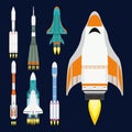 Vector technology ship rocket cartoon design for startup innovation product and cosmos fantasy space launch graphic